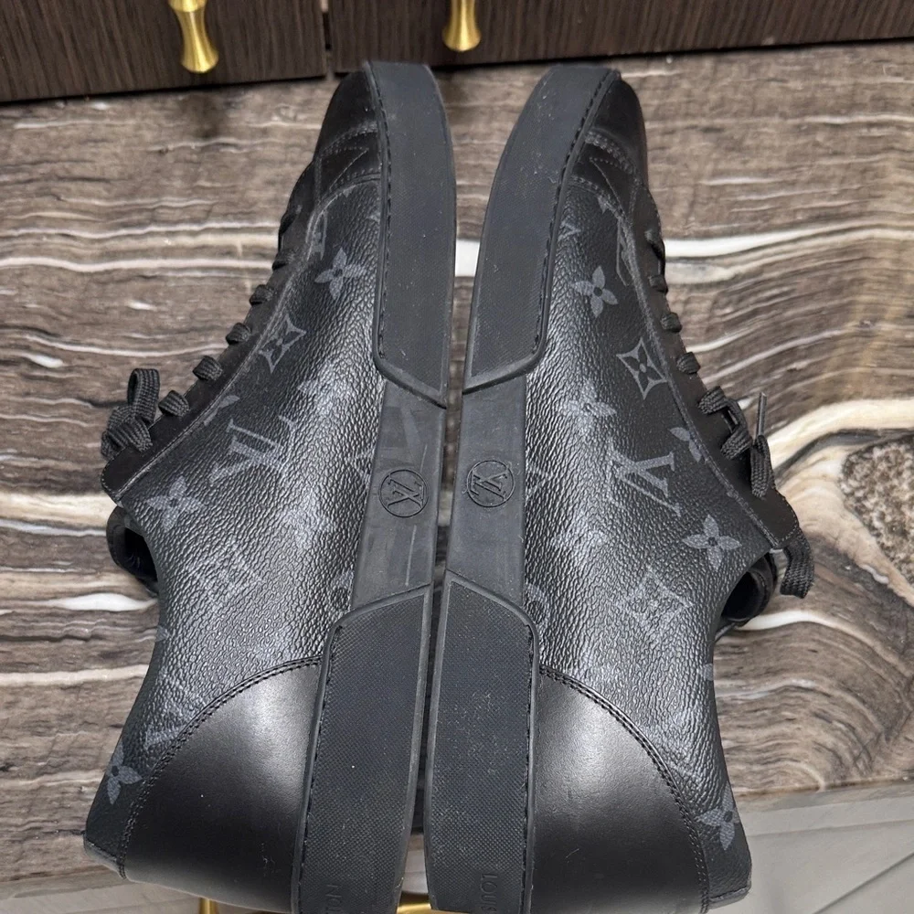 Louis Vuitton Black Leather & Monogram Eclipse Low Top Sneakers Like NEW